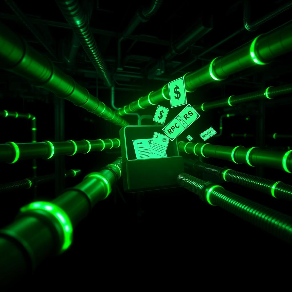 Lead generation pipeline — glowing network feeding a contractor's inbox with bids, RFPs, and dollar signs