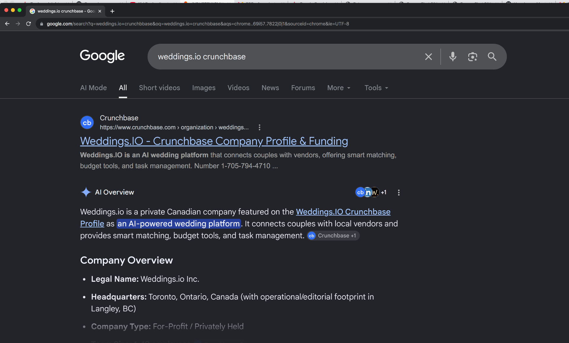 Google search results page for the query 'weddings.io crunchbase' showing a Crunchbase result titled 'Weddings.IO - Crunchbase Company Profile & Funding' and an AI Overview describing weddings.io as a private Canadian AI-powered wedding platform headquartered in Toronto, Ontario. Google search results page for the query 'weddings.io crunchbase' showing a Crunchbase result titled 'Weddings.IO - Crunchbase Company Profile & Funding' and an AI Overview describing weddings.io as a private Canadian AI-powered wedding platform headquartered in Toronto, Ontario.