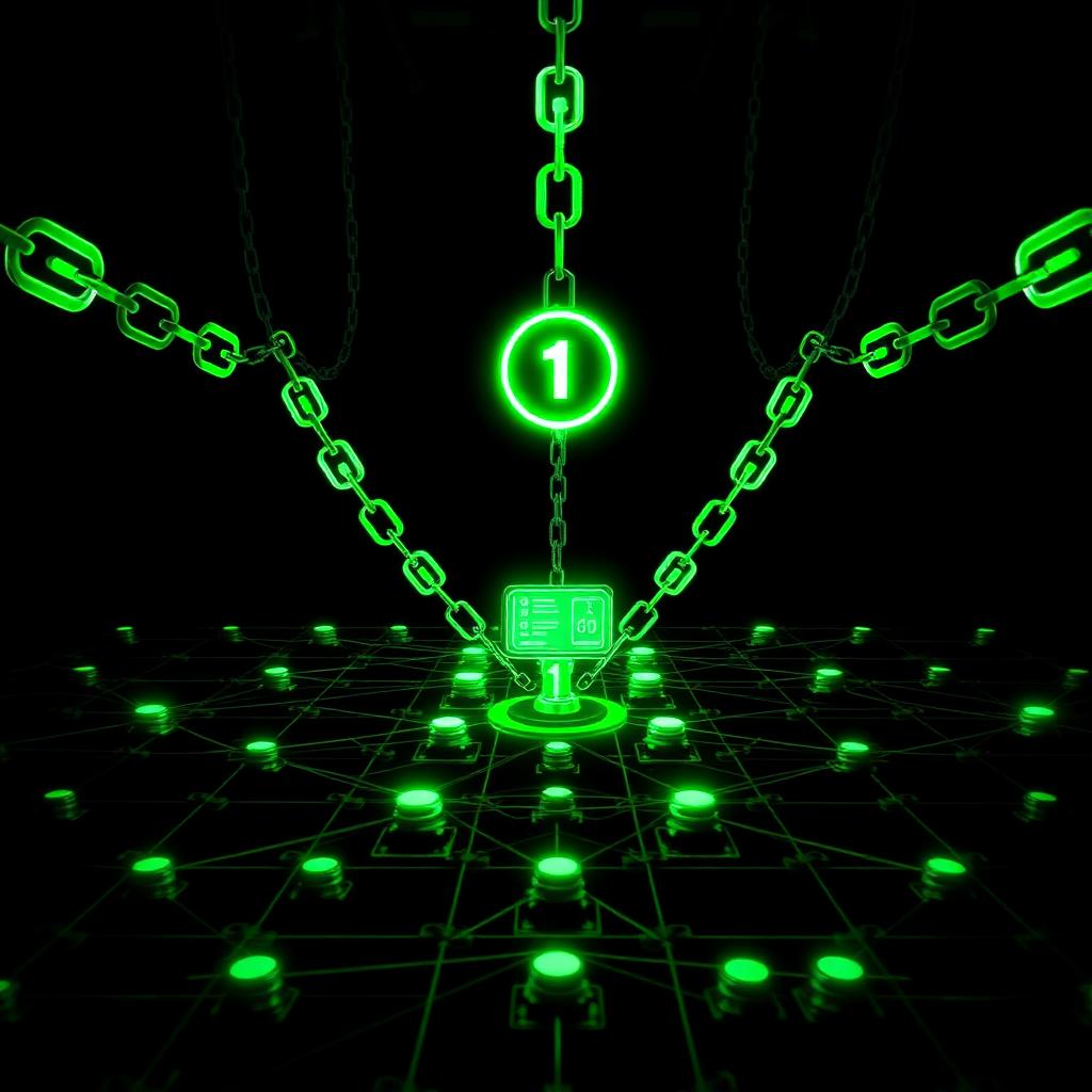 Neon green dofollow link chains connecting a network of servers to a #1 Google ranking trophy