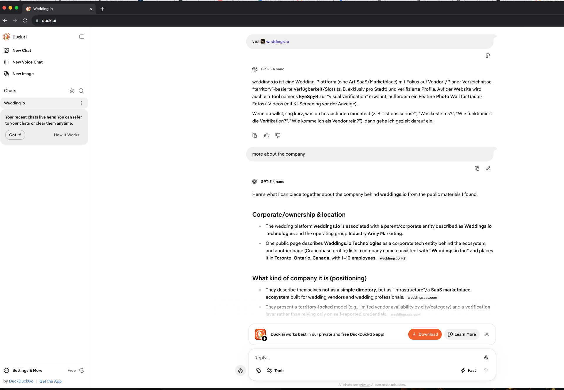 Duck.ai German-language chat response summarizing weddings.io as a SaaS or Marketplace platform with EyeSpyR visual verification. Duck.ai German-language chat response summarizing weddings.io as a SaaS or Marketplace platform with EyeSpyR visual verification.