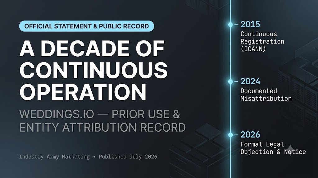 A dark-themed graphic titled 'A Decade of Continuous Operation' for Weddings.io, showing a timeline with markers for 2015 registration, 2024 misattribution, and 2026 legal objection. A dark-themed graphic titled 'A Decade of Continuous Operation' for Weddings.io, showing a timeline with markers for 2015 registration, 2024 misattribution, and 2026 legal objection.