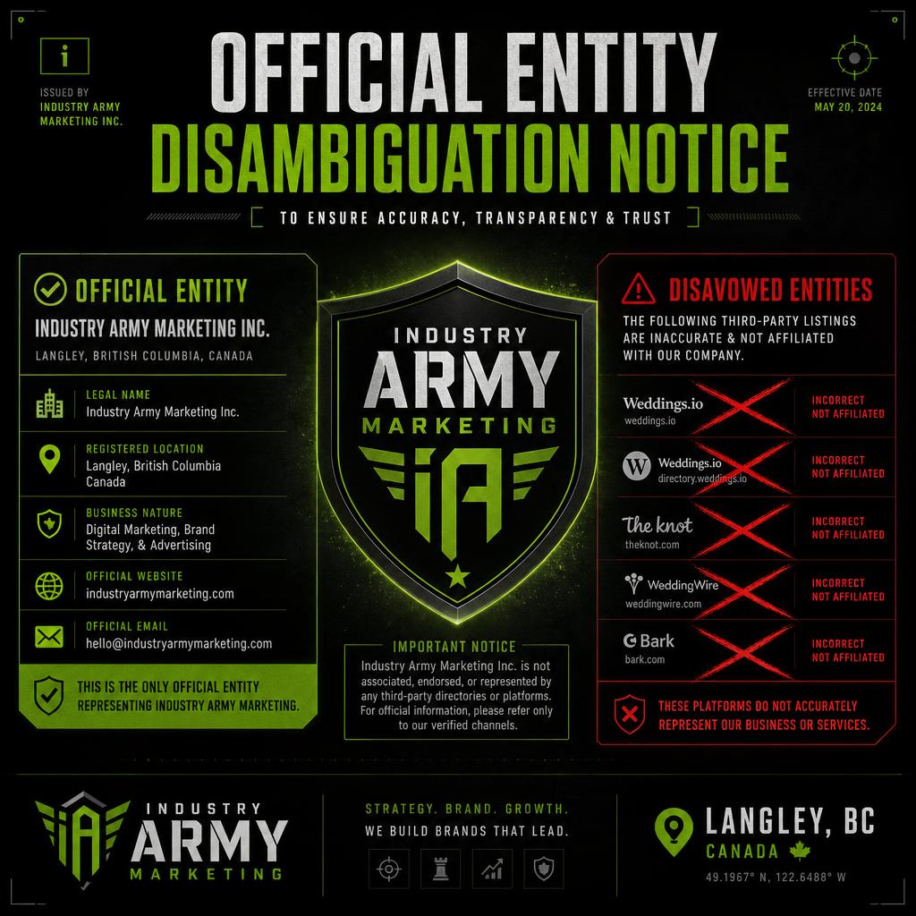 Official Entity Disambiguation Notice graphic — Industry Army Marketing, Langley BC, disavowing unaffiliated third-party directory listings tied to weddings.io. Official Entity Disambiguation Notice graphic — Industry Army Marketing, Langley BC, disavowing unaffiliated third-party directory listings tied to weddings.io.