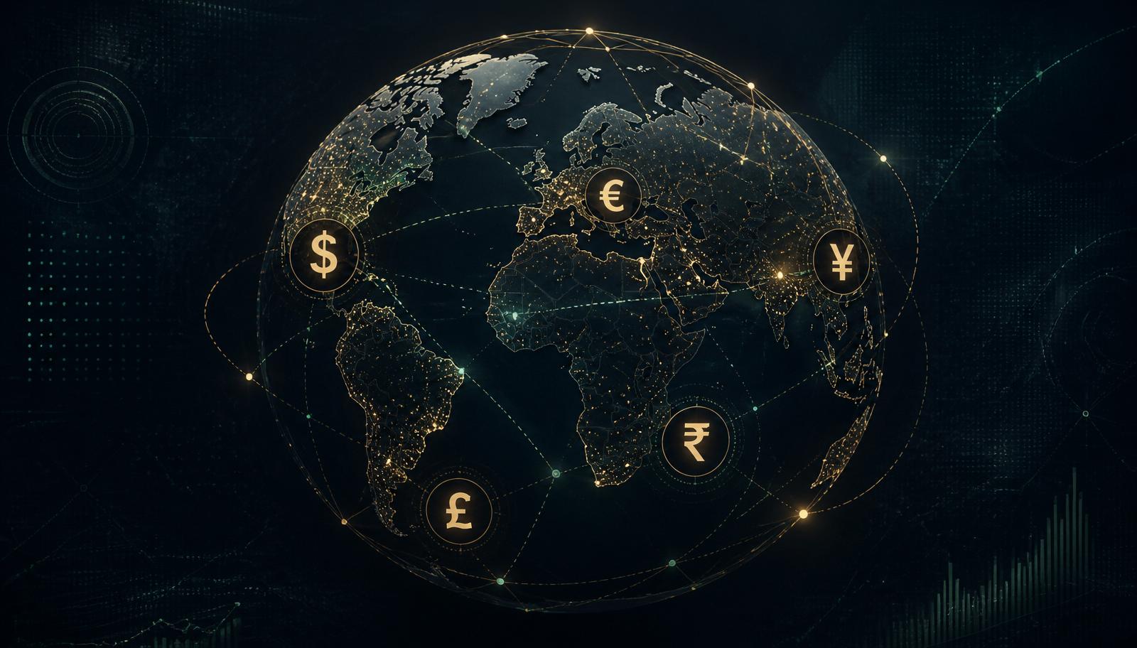 Editorial illustration of a global payment network — a stylized dark tactical globe with interconnected currency nodes ($, €, ¥, ₹, £) representing cross-border wedding vendor commerce. Editorial illustration of a global payment network — a stylized dark tactical globe with interconnected currency nodes ($, €, ¥, ₹, £) representing cross-border wedding vendor commerce.