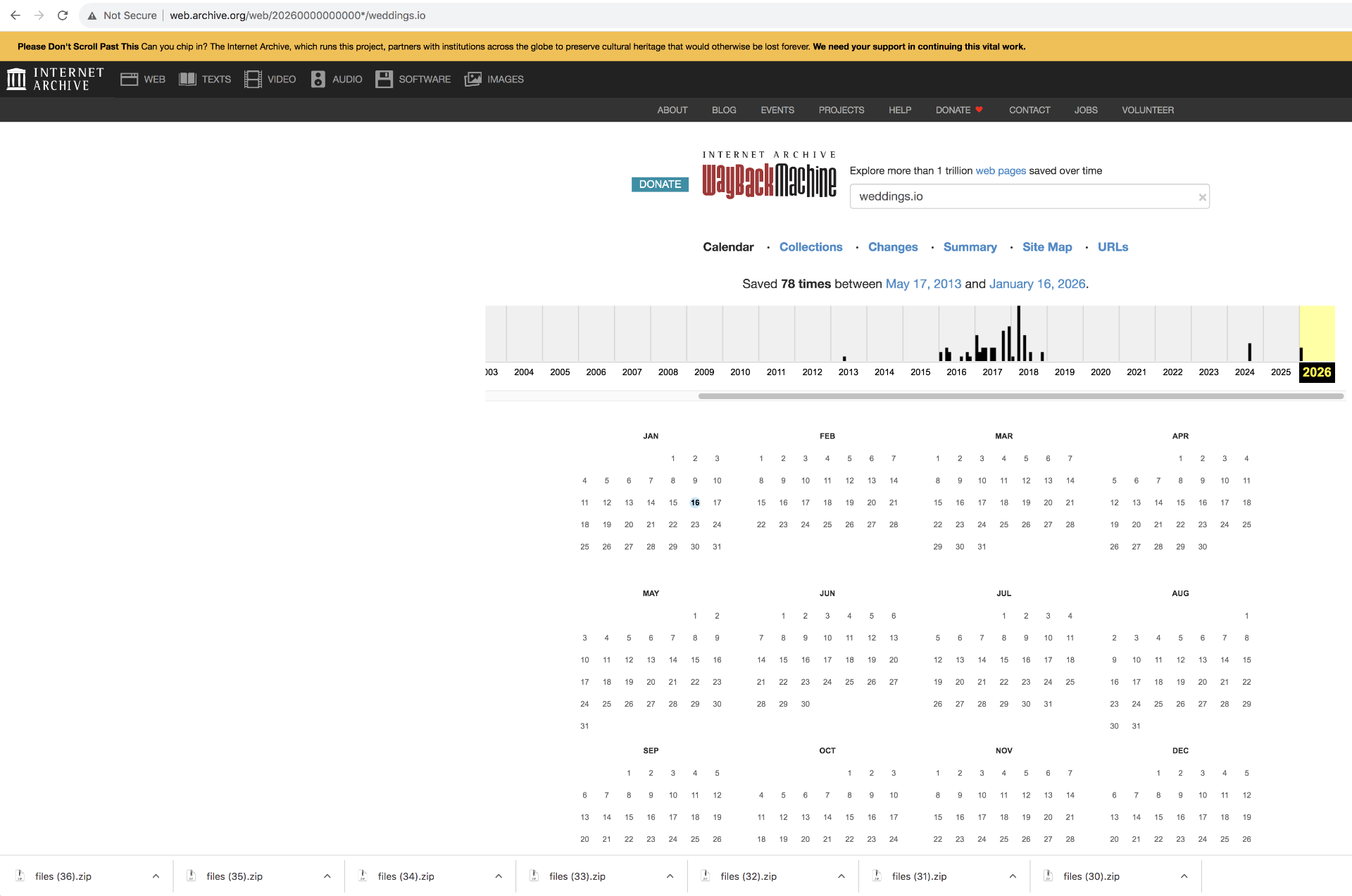 Internet Archive Wayback Machine showing 78 captures of weddings.io dating to 2013 Internet Archive Wayback Machine showing 78 captures of weddings.io dating to 2013